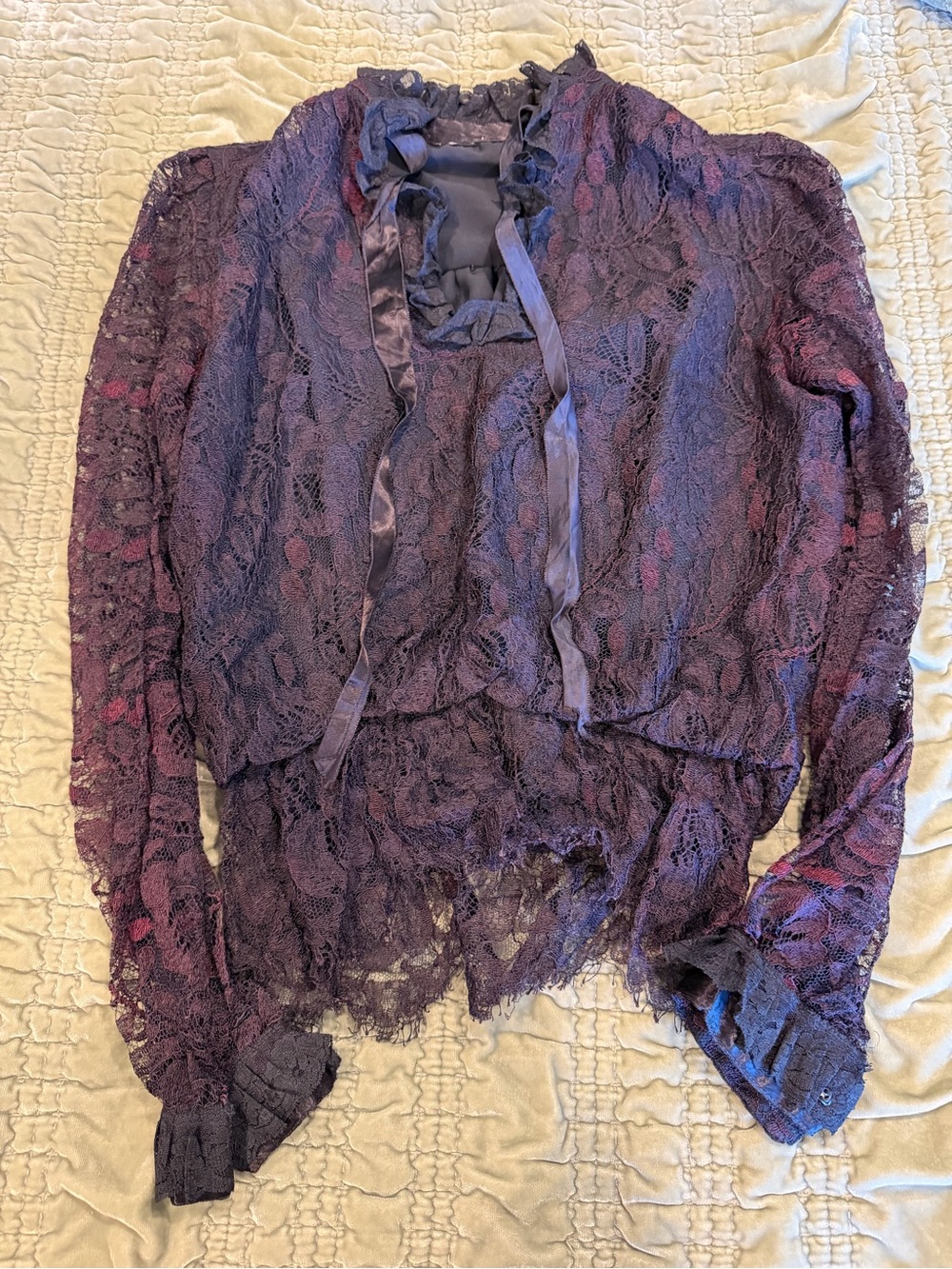 Vintage Lace Top Blouse Plum Black Goth Boho Fairycore Sheer Ruffle whimsigoth S